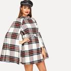 Romwe Button Front Belted Plaid Cape Coat