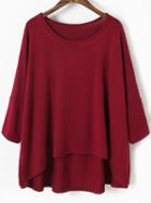 Romwe Dip Hem Bat Sleeve Wine Red T-shirt