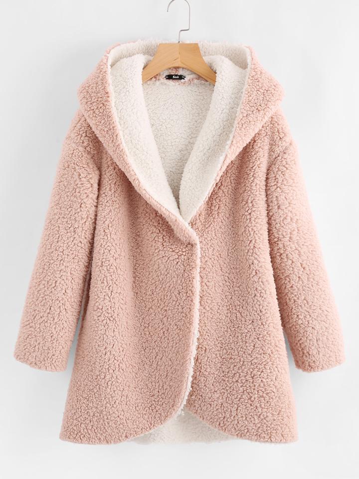 Romwe Curved Hem Sherpa Fleece Hoodie Coat