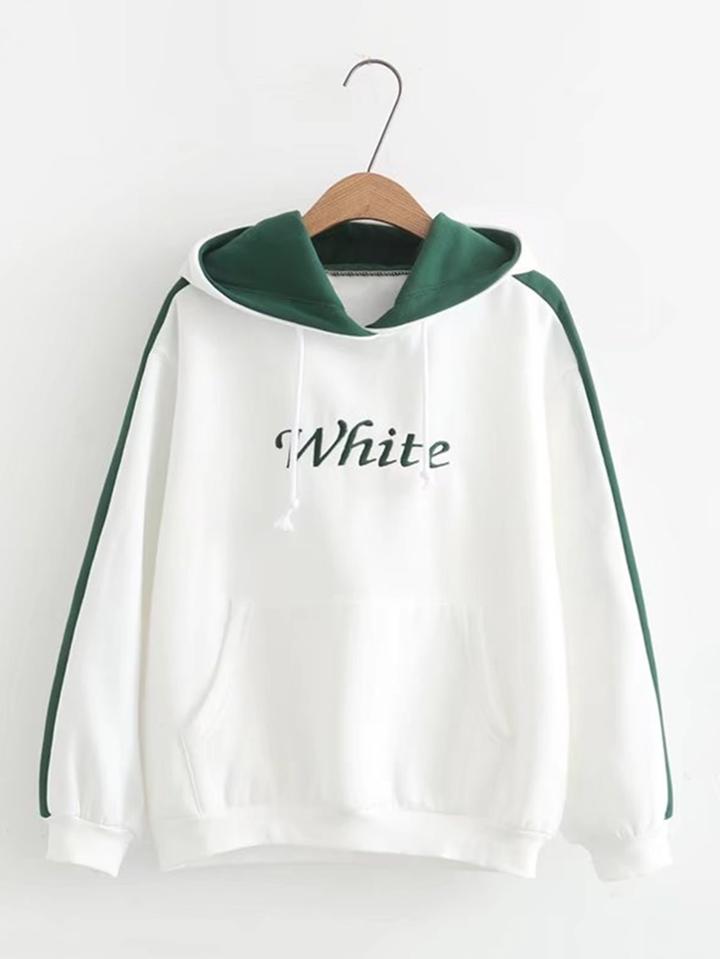 Romwe Slogan Embroidery Contrast Tape Hoodie