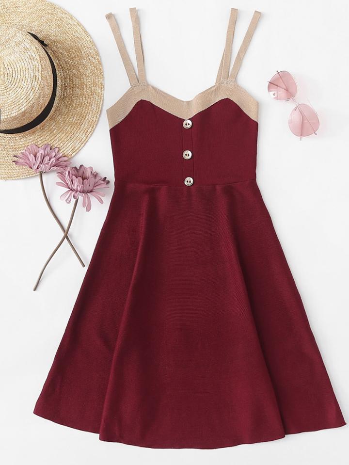 Romwe Button Detail Contrast Trim Cami Dress