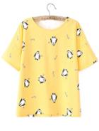 Romwe Dip Hem Penguin Print Yellow T-shirt