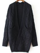 Romwe Navy Long Sleeve Cable Knit Pockets Cardigan