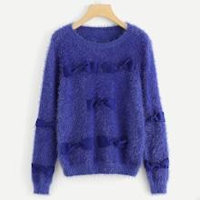 Romwe Bow Embellished Fluffy Sweater