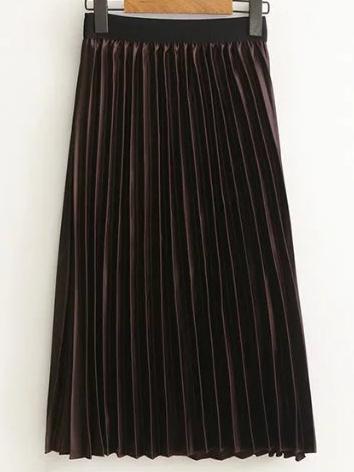 Romwe Coffee Pleated Midi Skirt