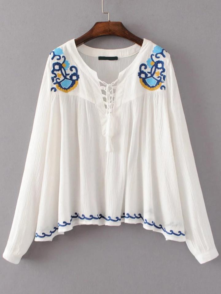 Romwe White Embroidery Tassel Tie V Neck Blouse