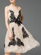 Romwe Nude Backless Tie-waist A-line Lace Dress
