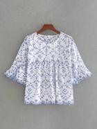 Romwe Bell Sleeve Wave Trim Embroidery Smock Top