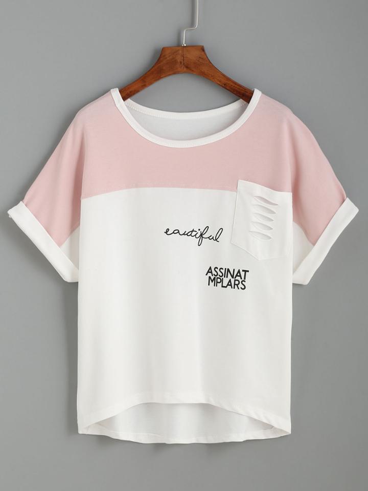 Romwe White Contrast Yoke Ripped Pocket T-shirt