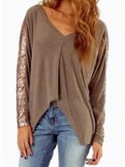 Romwe Khaki Asymmetrical Hem Sequined Insert T-shirts