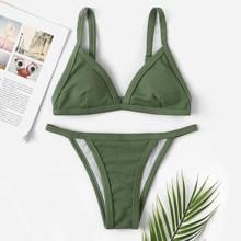 Romwe Ribbed Triangle Top With Low Rise Bikini Set