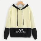 Romwe Cat Embroidered Bow Back Drawstring Hoodie