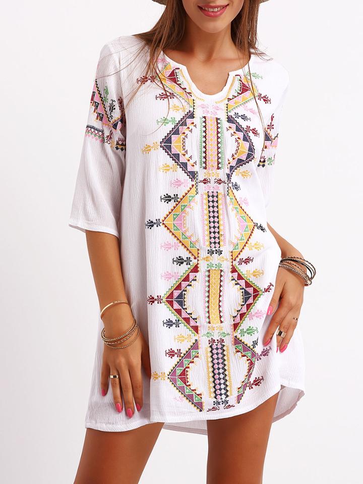 Romwe White Half Sleeve Tribal Embroidered Dress