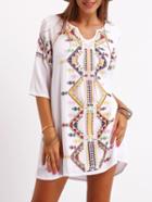 Romwe White Half Sleeve Tribal Embroidered Dress