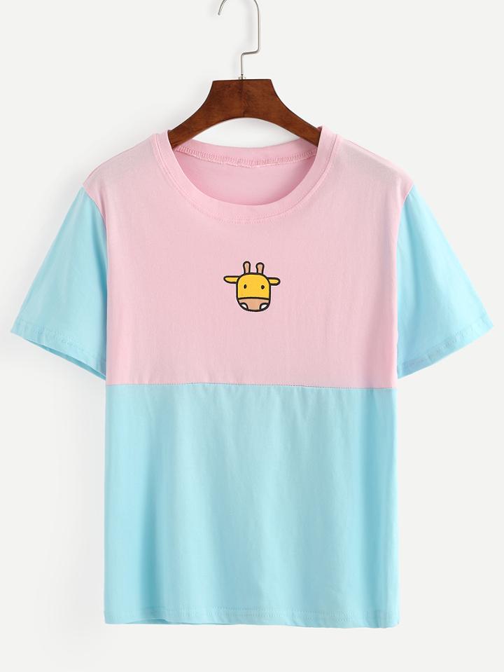 Romwe Pink And Blue Color Block Printed T-shirt