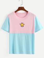 Romwe Pink And Blue Color Block Printed T-shirt