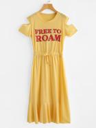 Romwe Open Shoulder Slogan Print Drawstring Waist Frill Dress