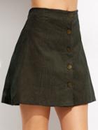 Romwe Army Green Corduroy Single Breasted A Line Skirt
