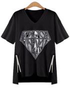 Romwe Diamond Print Double Zip Front T-shirt