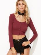 Romwe Burgundy Scoop Neck Button Crop T-shirt