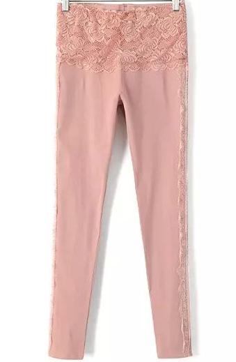 Romwe Lace Insert Slim Pink Legging