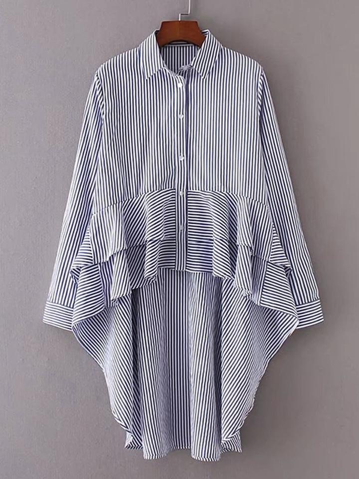 Romwe Vertical Striped Tiered Asymmetrical Blouse