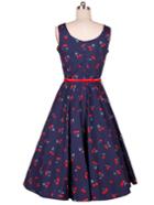 Romwe Cherry Print Flare Dress With Belt