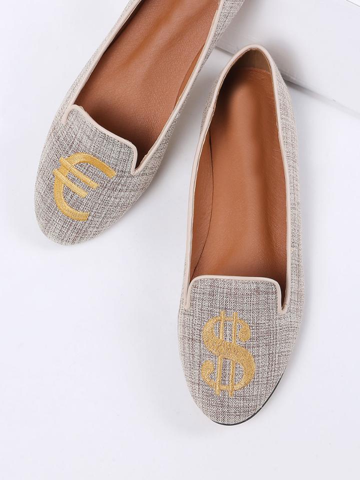 Romwe Apricot Dollar Embroidery Ballet Flats
