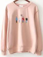 Romwe Pink Cartoon Embroidery Sweatshirt
