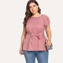 Romwe Plus Petal Sleeve Self Tie Blouse
