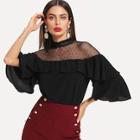 Romwe Dot Mesh Insert Keyhole Back Flounce Blouse