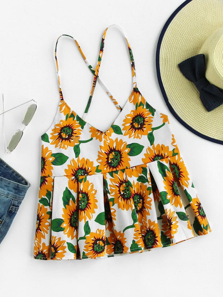 Romwe Random Box Pleat Criss Cross Back Top