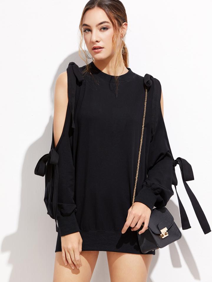 Romwe Black Open Shoulder Bow Tie Detail Sweatshirt