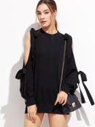 Romwe Black Open Shoulder Bow Tie Detail Sweatshirt
