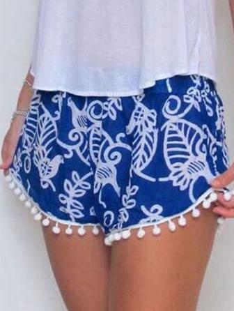 Romwe Blue Vintage Print Pom Pom Trim Shorts