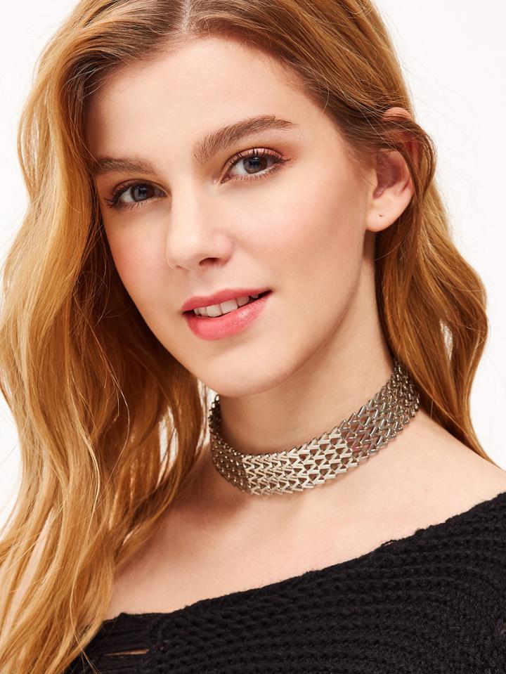 Romwe Silver Geo Structured Metal Minimalist Wide Choker