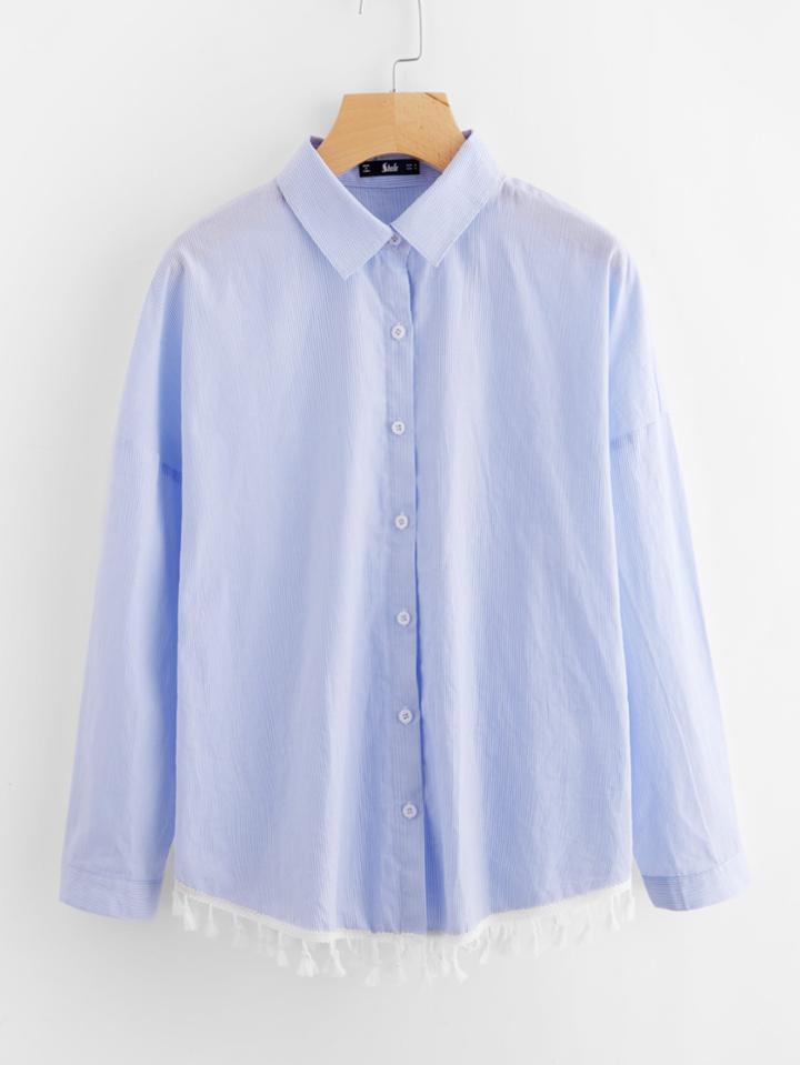 Romwe Contrast Tassel Lace Trim Pinstripe Shirt