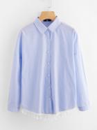 Romwe Contrast Tassel Lace Trim Pinstripe Shirt