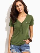 Romwe Army Green V Neck Eyelet Lace Up Pockets T-shirt