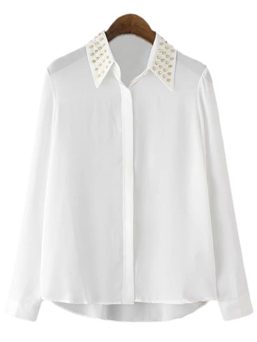 Romwe White Long Sleeve Rivets Lapel Blouse