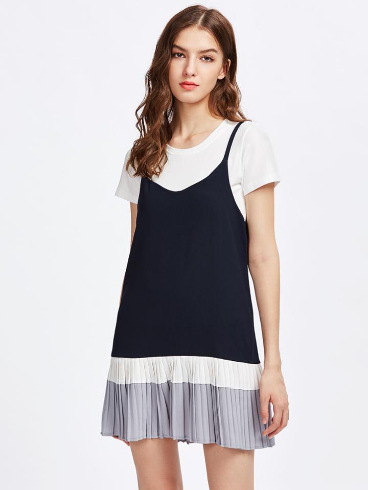 Romwe Contrast Pleated Hem 2 In 1 Cami Dress