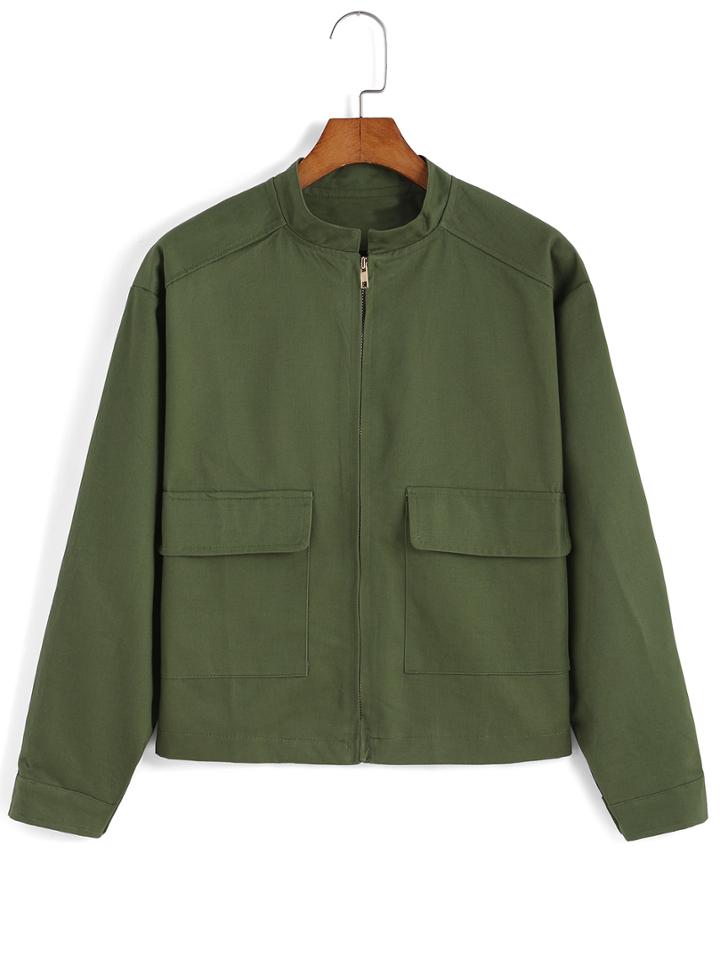 Romwe Stand Collar Pockets Zipper Jacket