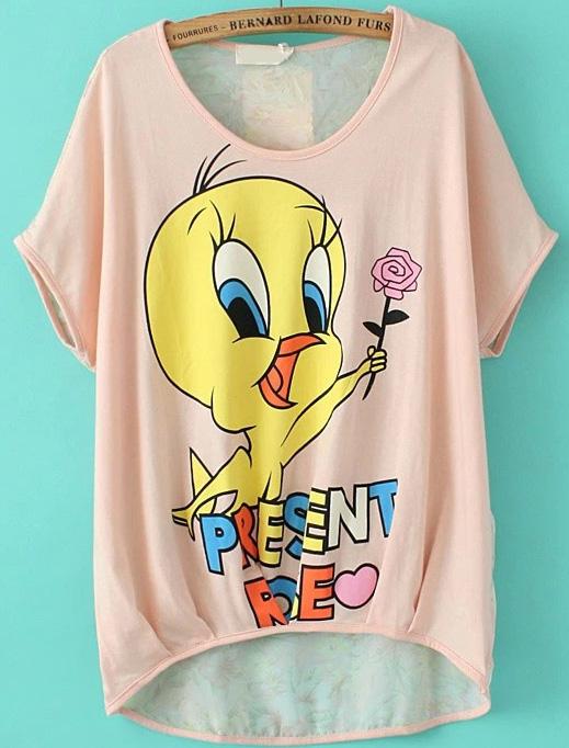 Romwe Cartoon Chicken Print Dipped Hem Pink T-shirt