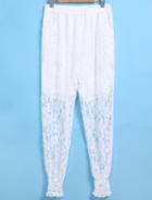 Romwe Elastic Waist Lace Embroidered White Pant