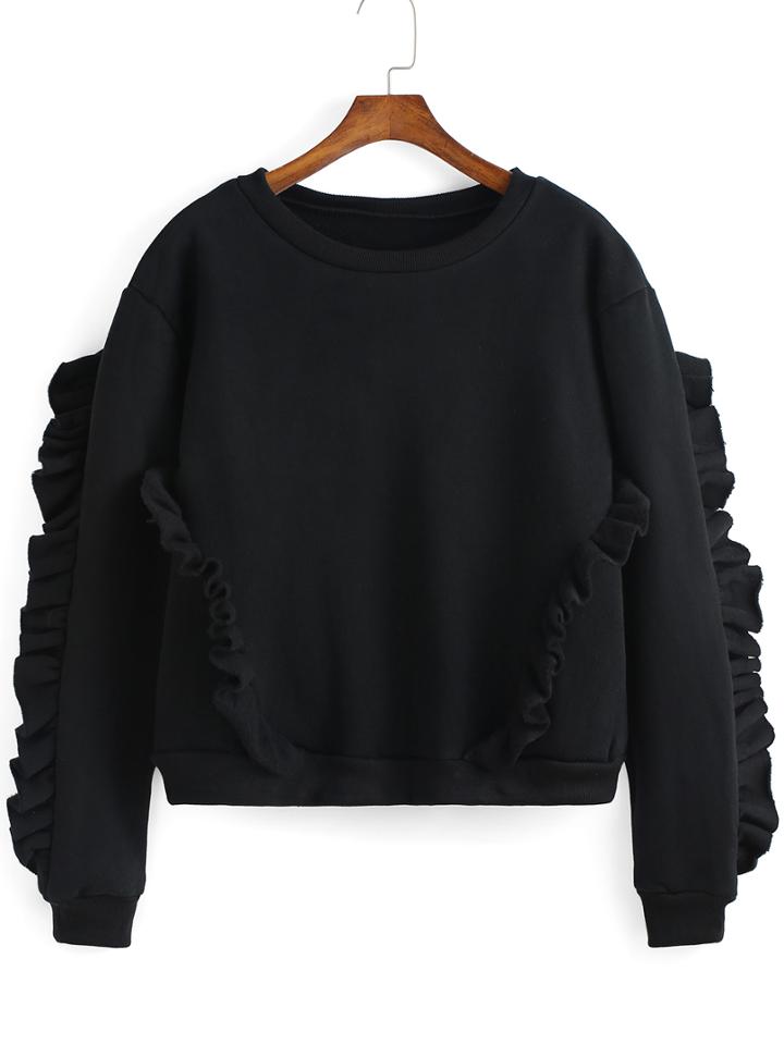 Romwe Round Neck Fungus Edge Black Sweatshirt