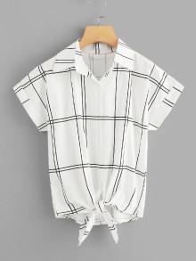 Romwe Plaid Tie Hem Blouse