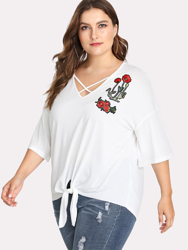Romwe Crisscross V Neck Embroidery Knot Hem Tee