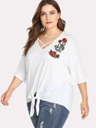 Romwe Crisscross V Neck Embroidery Knot Hem Tee