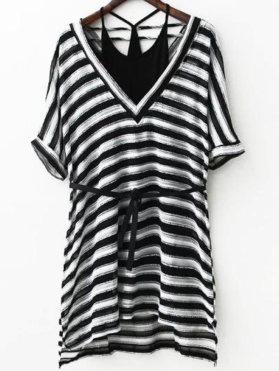 Romwe V Neck Striped Chiffon Dress