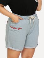 Romwe Letter Embroidered Drawstring Denim Shorts